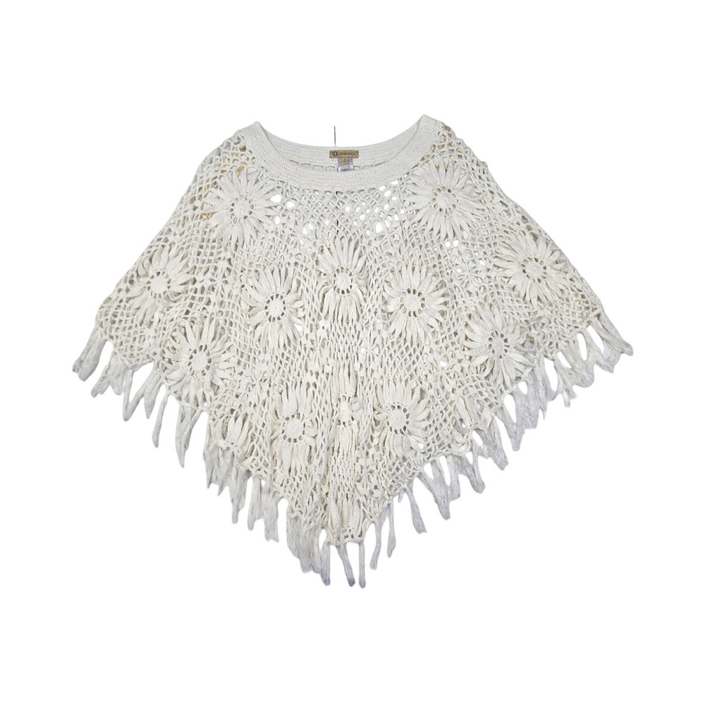 Democracy White Cotton Crochet Floral Sunflower Fringe Poncho LG Boho 70s Hippy